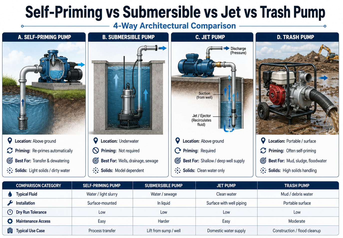 Self-Priming vs Submersible vs Jet vs Trash Pump — 4-Way Architectural Comparison