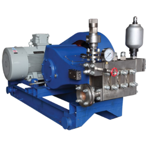 High pressure plunger pump skid installation for industrial duty