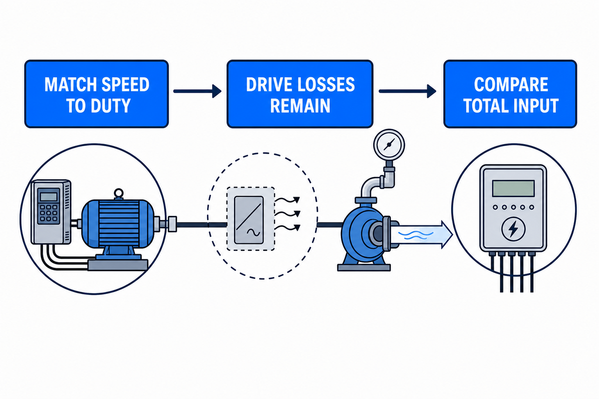 Pump affinity laws showing how VFD speed changes flow, head, and power