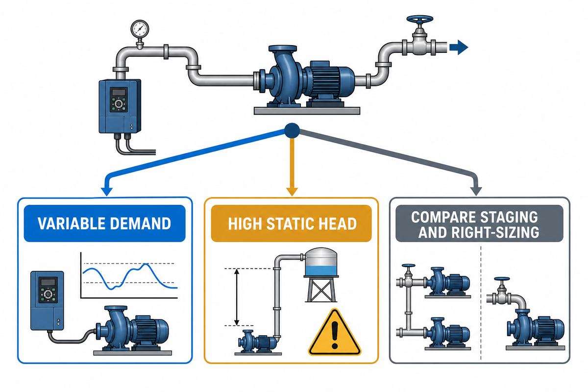 VFD pump candidate screening matrix for variable demand and throttled systems