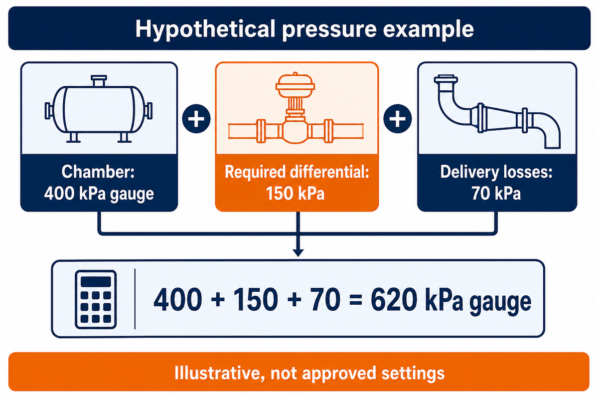 Hypothetical header requirement: 400 + 150 + 70 = 620 kPa gauge; supplier-approved inputs are still required.