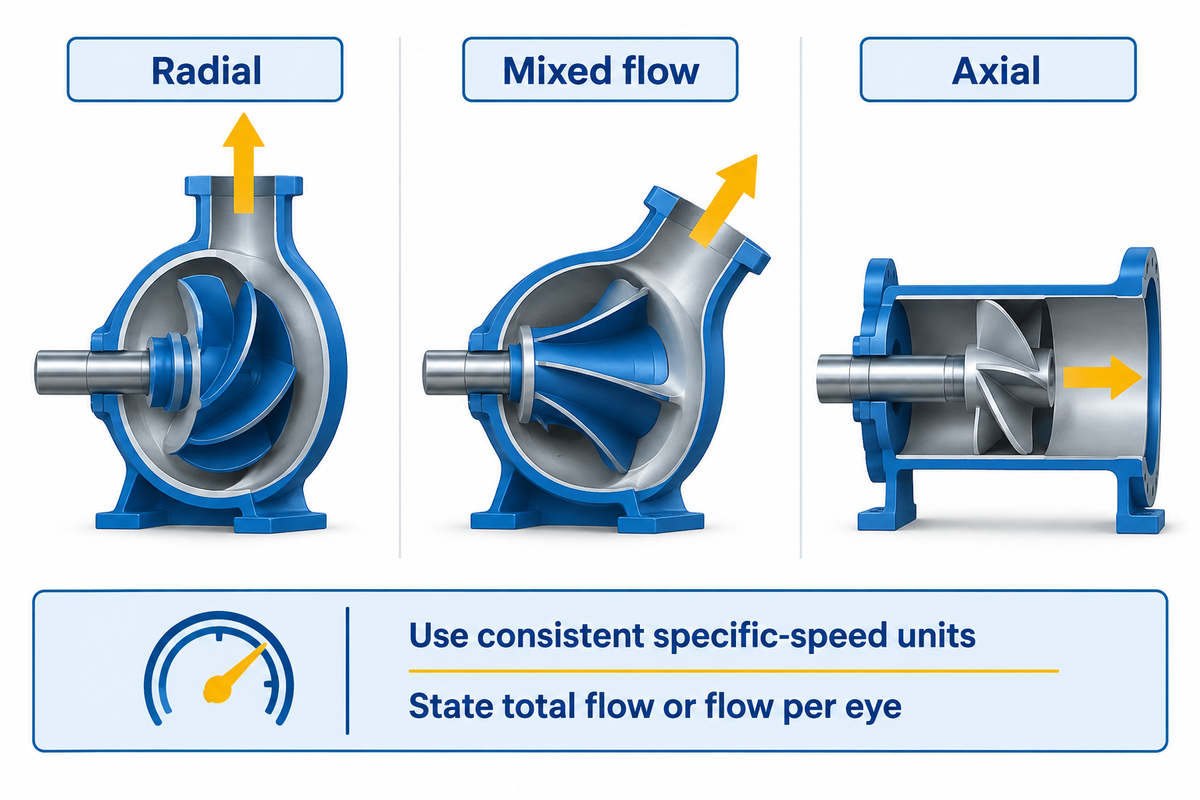 Mixed flow has an intermediate impeller discharge direction; specific-speed comparison requires consistent units and flow basis (HI).