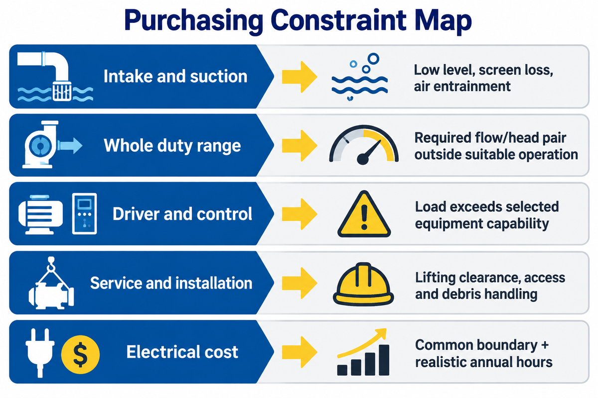 Resolve inlet, duty, driver and installation constraints before comparing electrical cost; NPSH and submergence are separate (HI/NDSU).