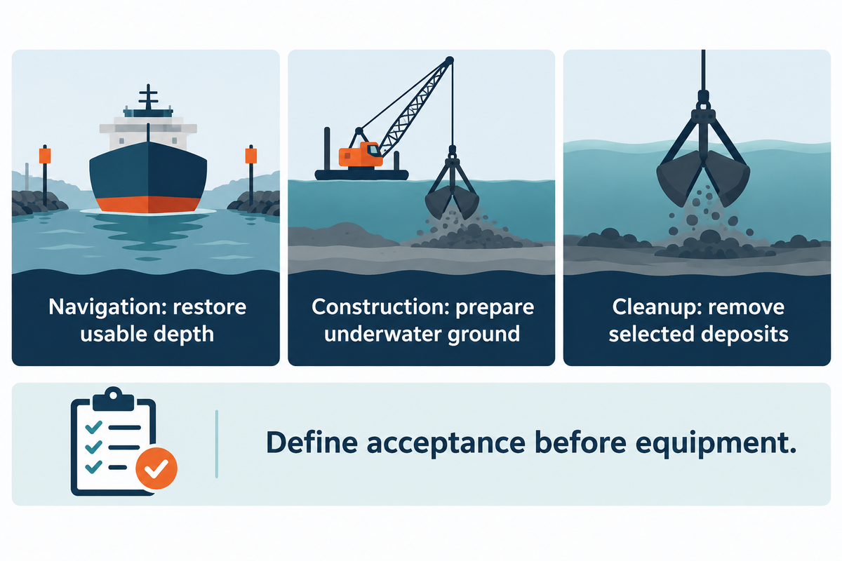 Dredging objectives set different acceptance criteria: navigation depth, construction ground or contamination cleanup.