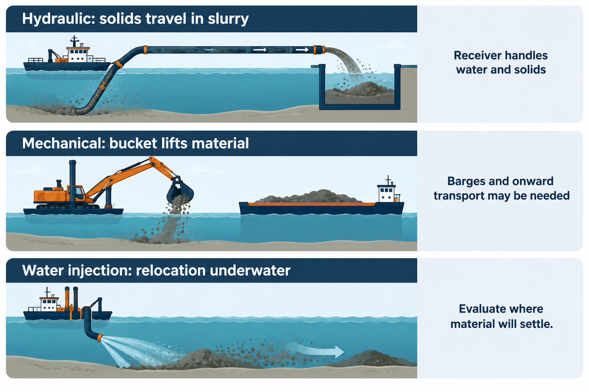 Hydraulic, bucket and water-injection methods handle sediment differently; all require a destination, per IADC and USACE.