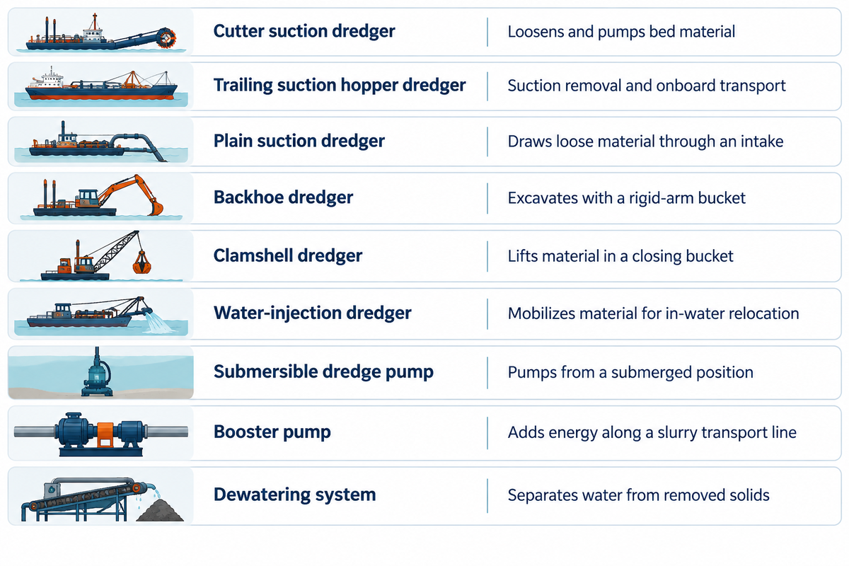 Dredgers remove bed material; booster pumps and dewatering systems perform separate support roles.