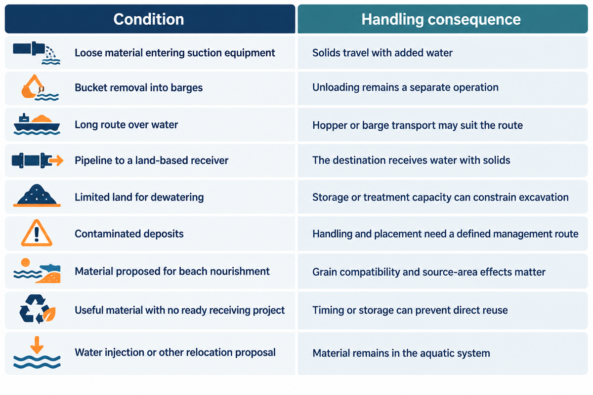The Sediment Route Map connects site and material conditions to transport, water handling and placement decisions.