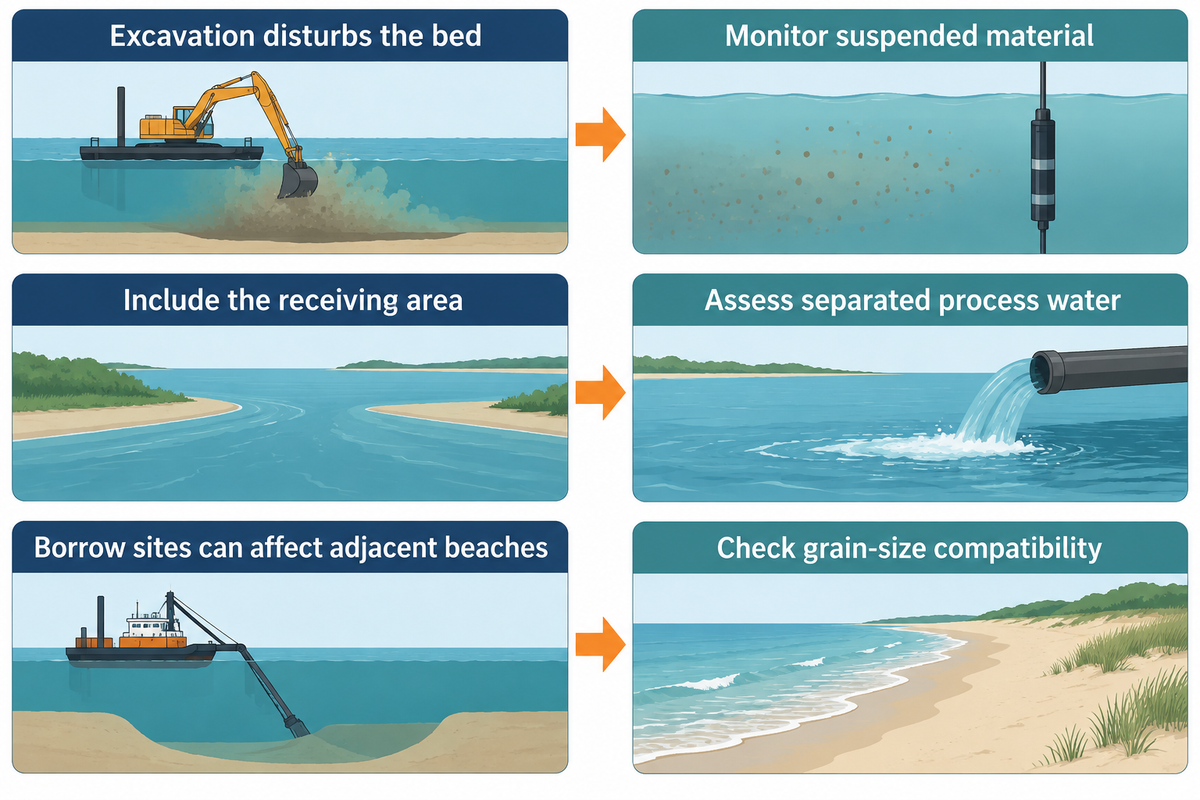 Assess excavation and receiving areas; nearshore borrow sites can affect neighboring beaches, per NPS and FRTR.