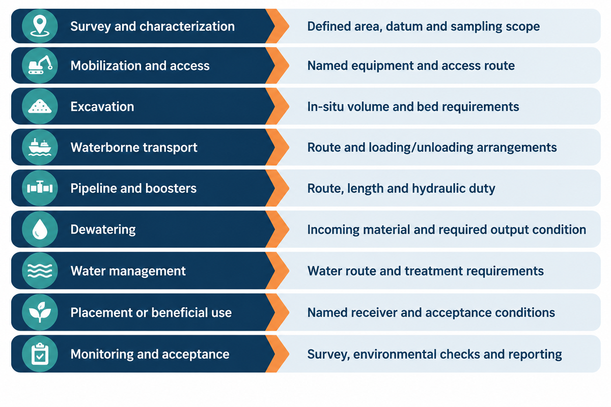 Compare excavation, transport, water handling and acceptance on the same quantity basis, per the article scope table.