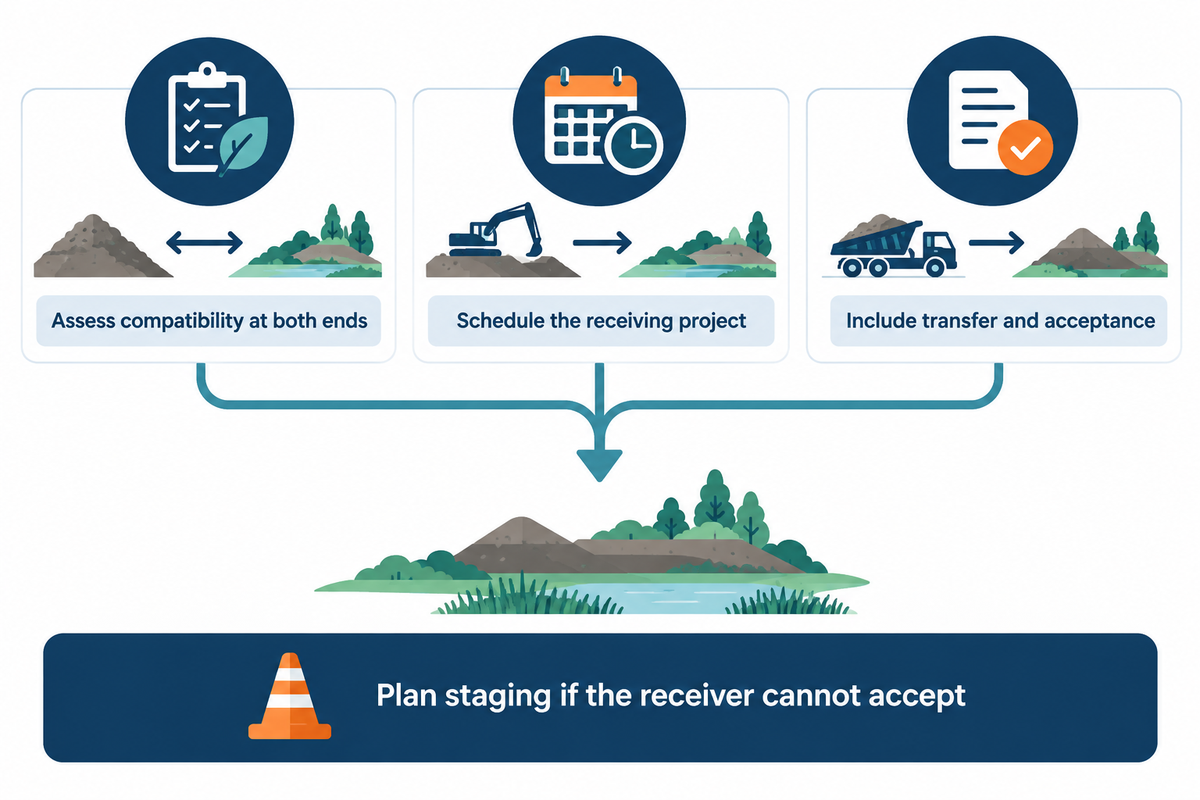 Beneficial use depends on compatible material, receiver timing, transfer and acceptance; plan staging when needed.