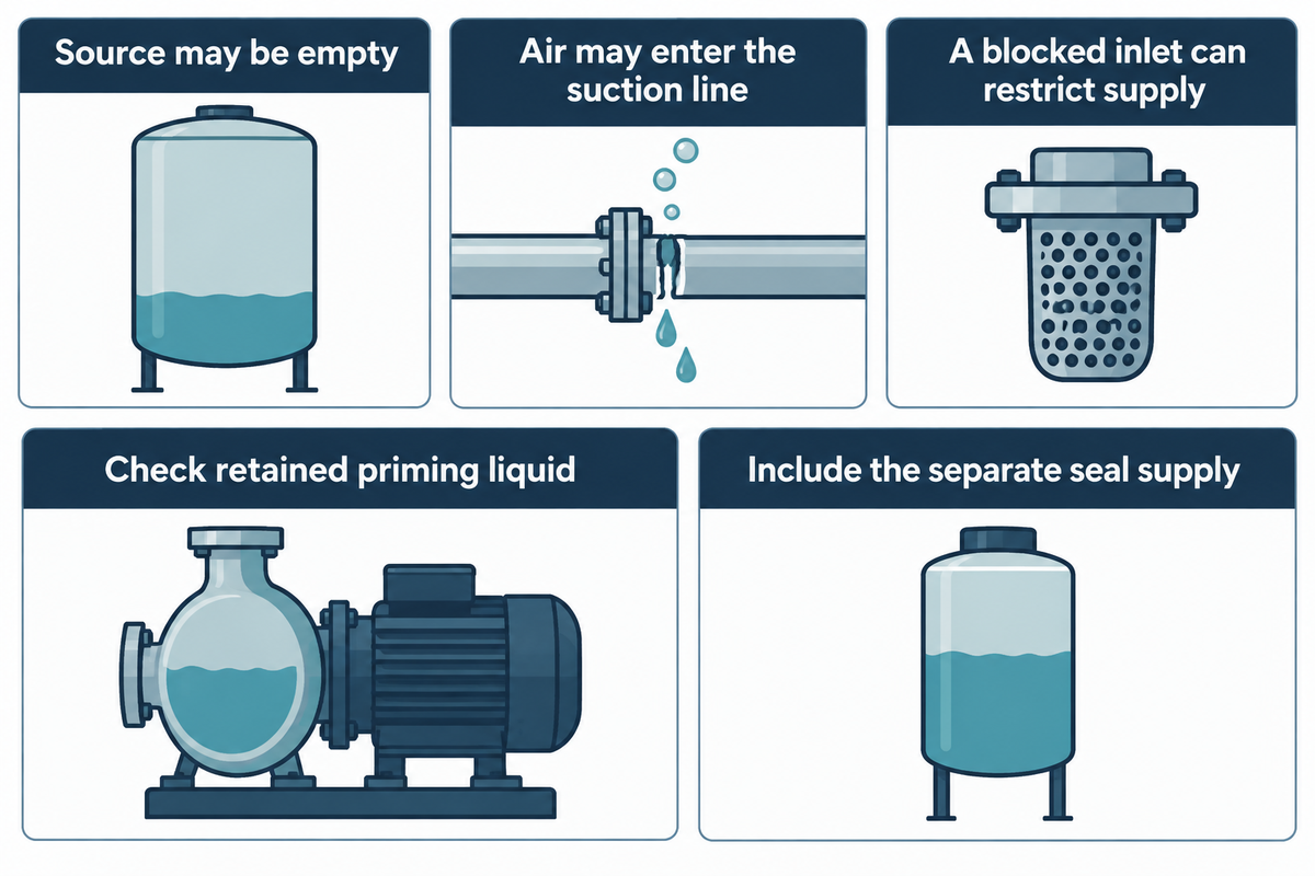 Trace supply, air leaks, inlet restriction and retained prime before restart; Michael Smith Engineers and HI guidance.