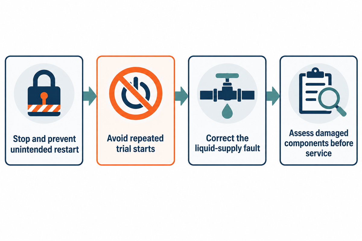 Stop, isolate, correct supply and inspect damage before returning a pump to service; source-based maintenance guidance.