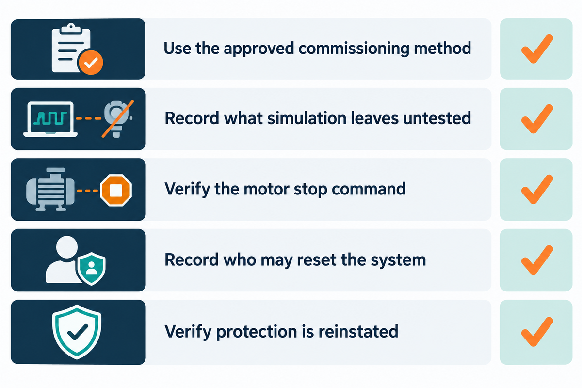 A control simulation may omit sensor and process-connection checks; HSE guidance also requires reinstatement checks.