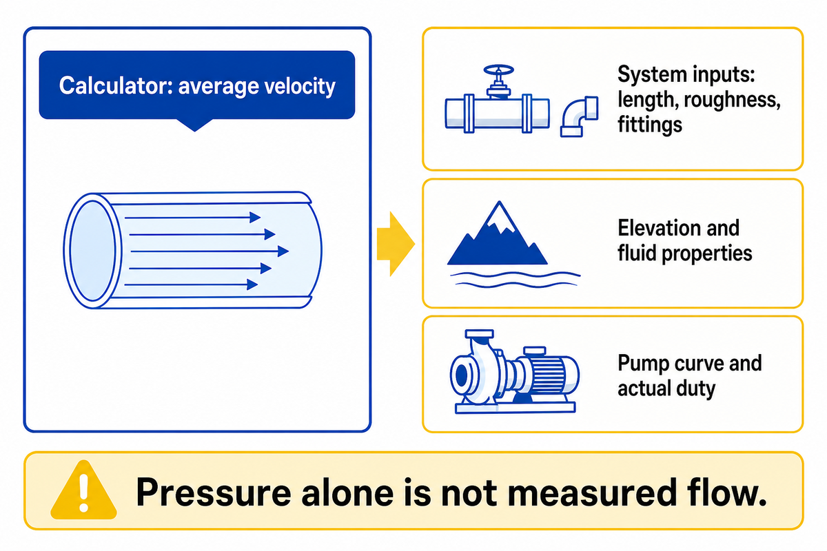 Mean velocity is separate from pump head, route losses, elevation and the pump/system operating point.