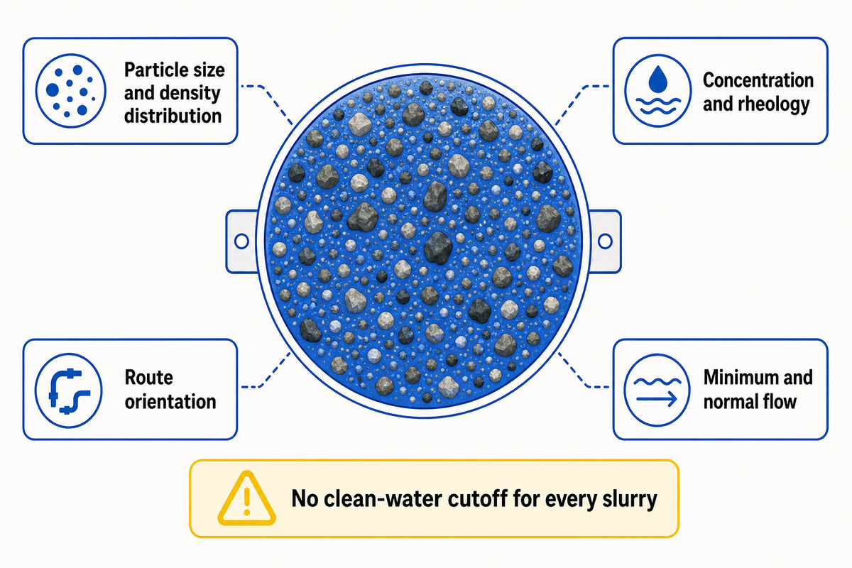 Slurry velocity assessment considers particle properties, concentration, rheology, route orientation and flow range.