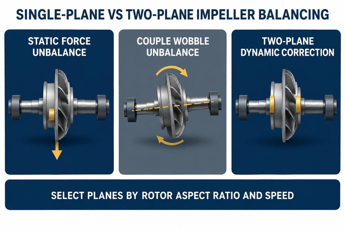 Diagram comparing static force unbalance, couple wobble unbalance, and two-plane dynamic correction for pump impellers.