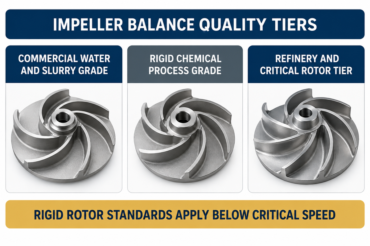 Infographic comparing commercial water and slurry balance grade, rigid chemical process grade, and refinery critical rotor tier.