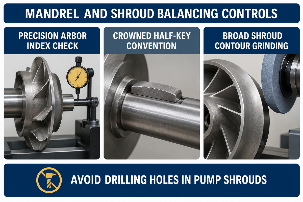 Shop quality board showing precision arbor index check, crowned half-key convention, and broad shroud contour grinding.
