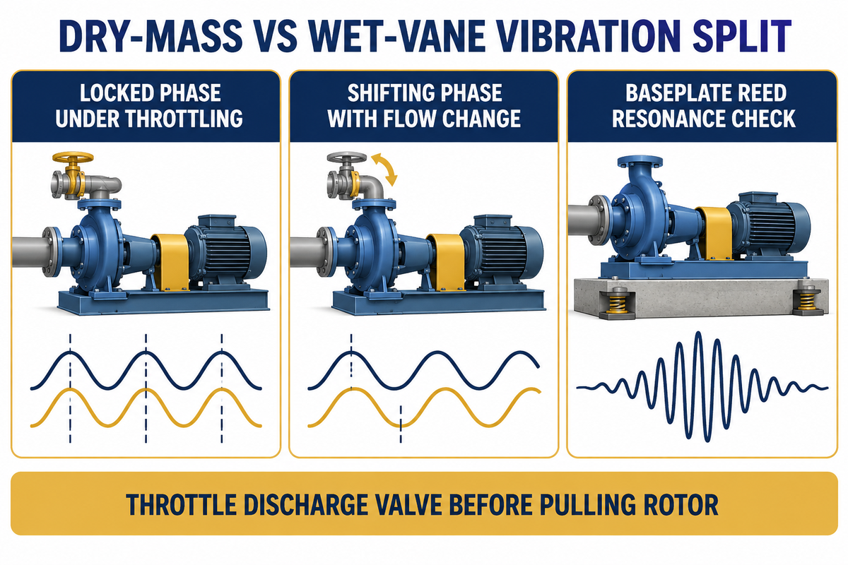 Diagnostic diagram separating locked phase mechanical unbalance, shifting phase hydraulic unbalance, and baseplate reed resonance.