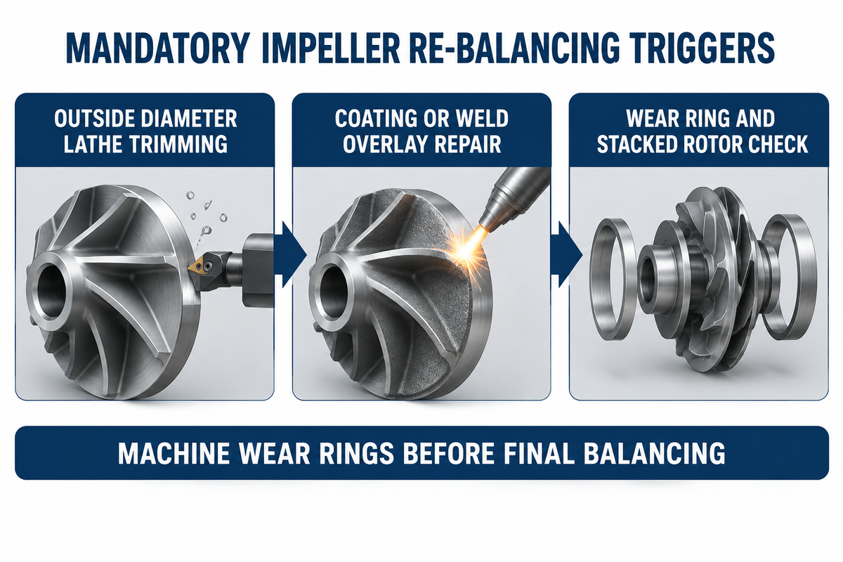 Infographic showing mandatory impeller re-balancing triggers: outside diameter lathe trimming, coating or weld repair, and wear ring replacement.