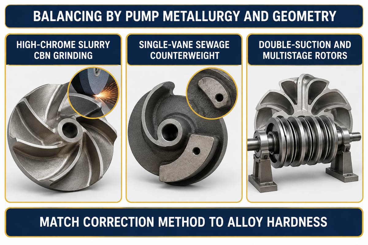 Engineering map matching high-chrome slurry CBN grinding, single-vane sewage counterweights, and multistage rotor checks to pump types.