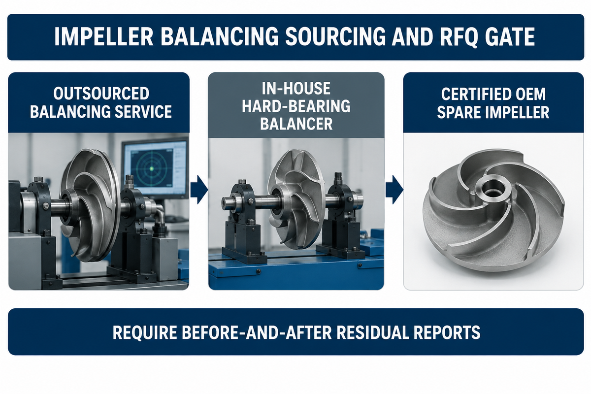 Procurement board comparing outsourced balancing service, in-house hard-bearing balancer, and certified OEM spare impellers.