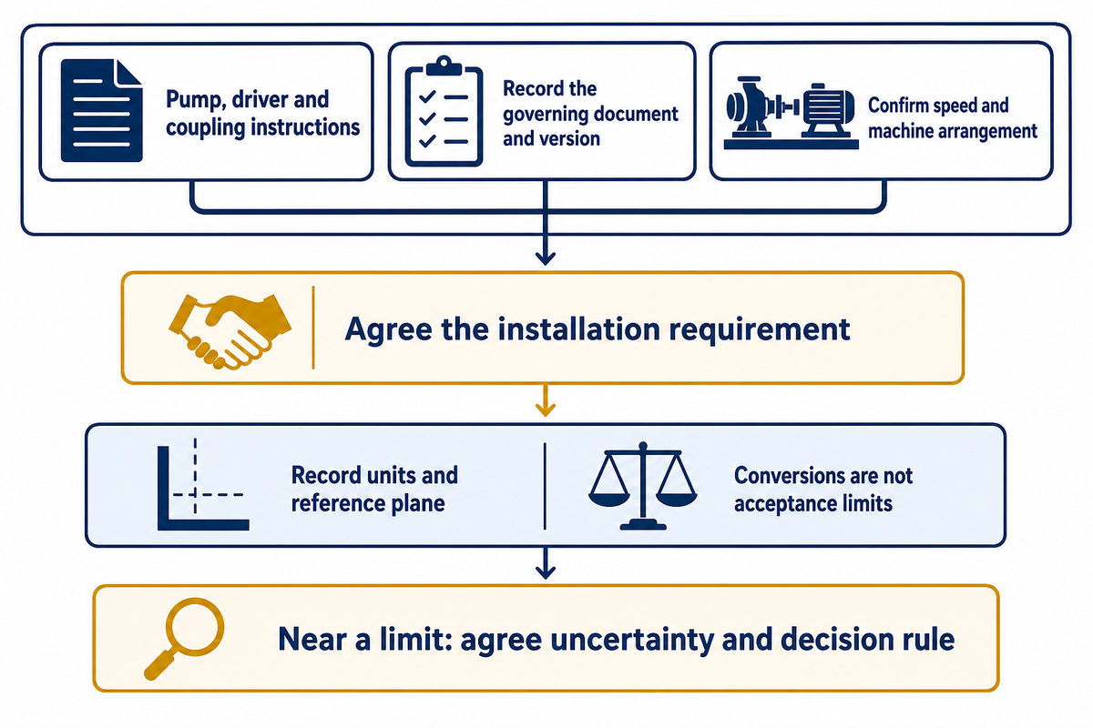 Use installation-specific instructions and an agreed uncertainty decision rule; article synthesis of NIST and EASA guidance.