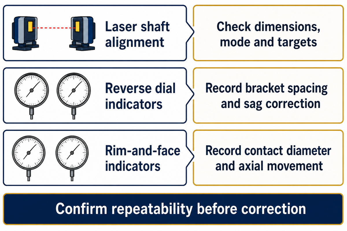 Laser and dial methods need valid geometry and repeatability; Amin Almasi's commissioning guidance.
