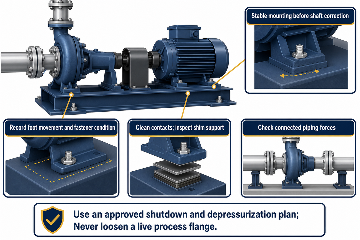 Resolve foot, base and piping forces before final correction; EASA and Lev Nelik's pipe-alignment guidance.