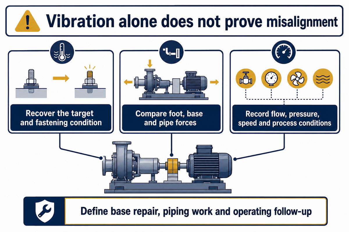 Compare mounting and duty evidence before blaming vibration on alignment; Hydraulic Institute guidance and article synthesis.