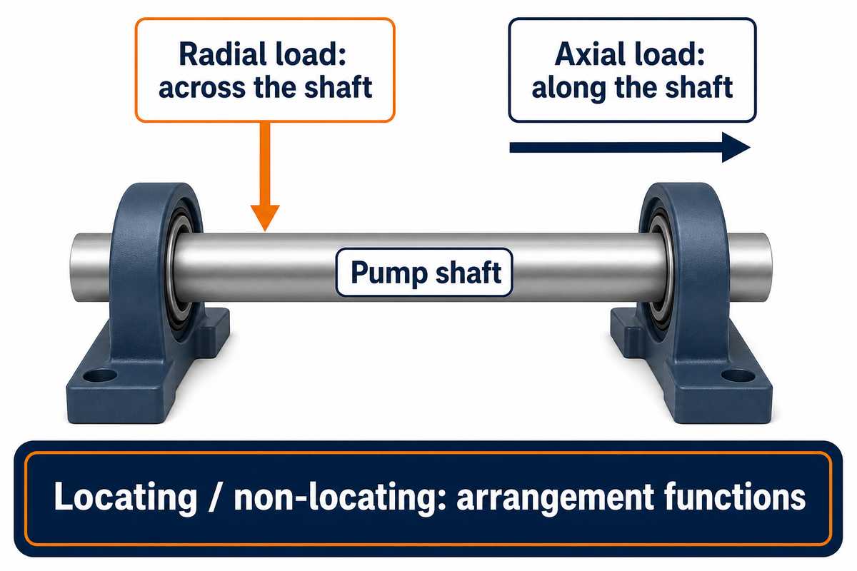 Radial and axial loads act in different directions; support functions depend on the arrangement. Schematic from SKF.