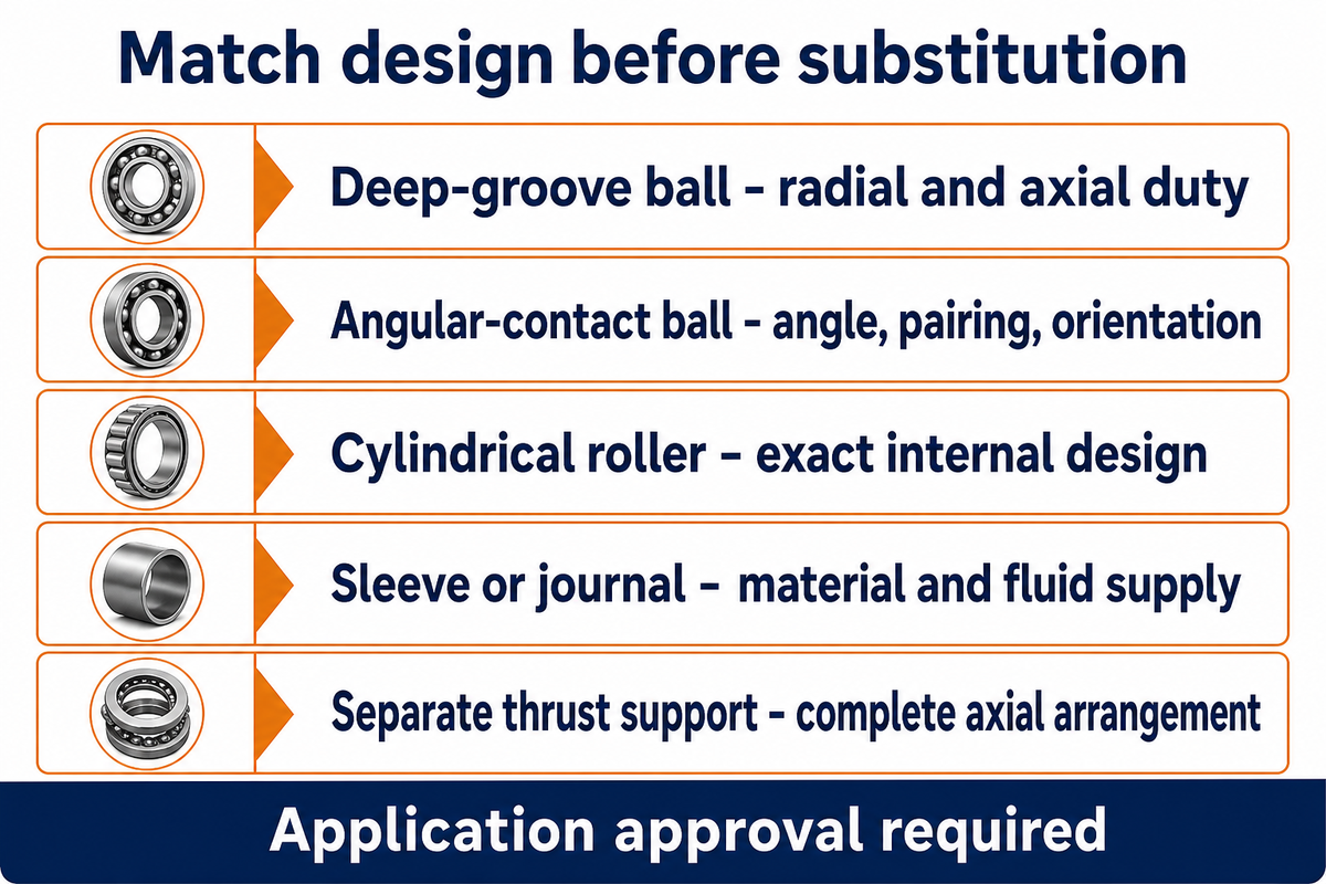 Bearing design determines which duty and arrangement details to check; synthesis of published bearing guidance.