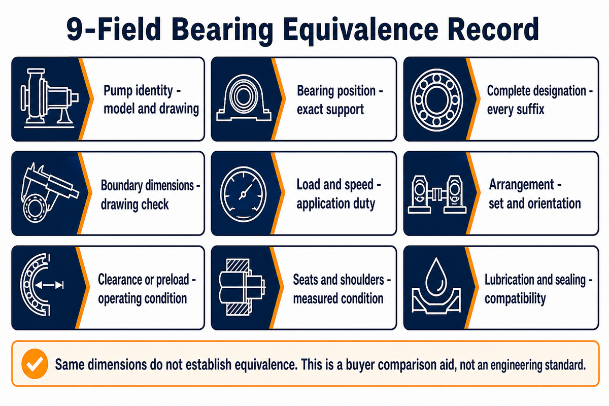 Record nine equivalence checks before approving an alternative bearing; buyer method based on SKF selection guidance.