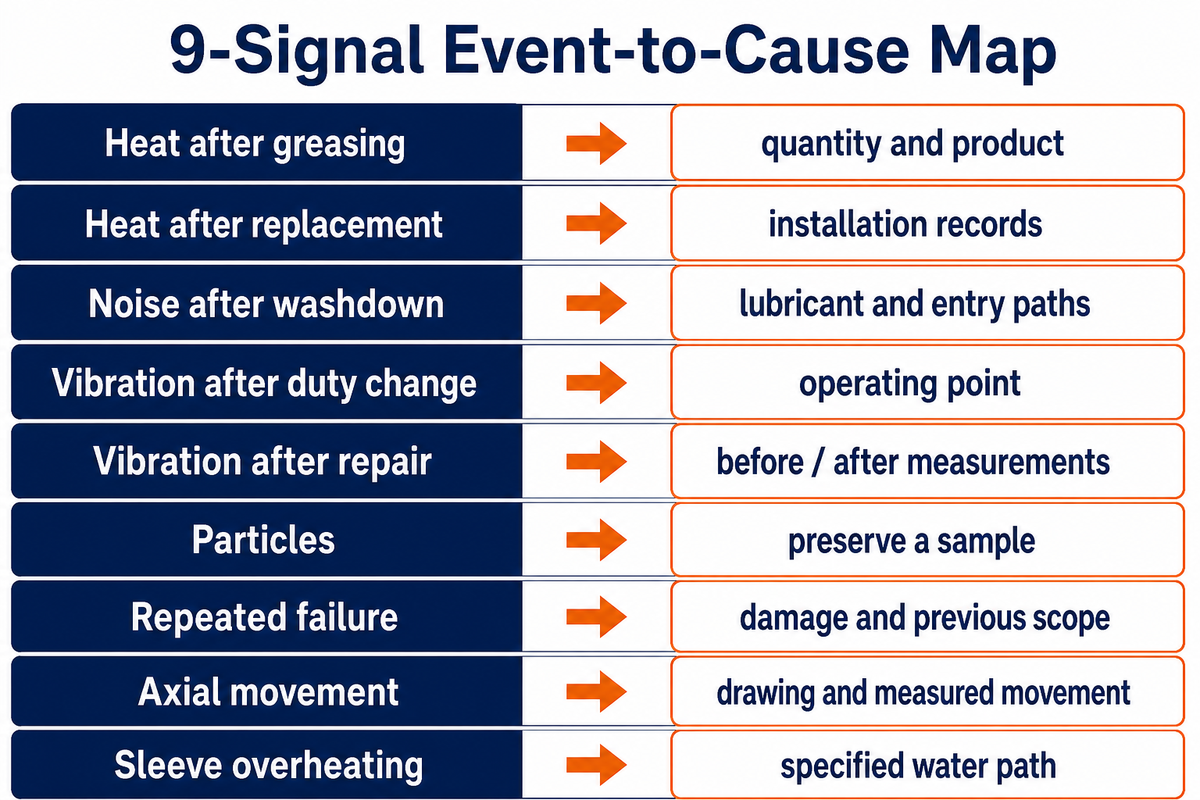 Nine bearing symptoms lead to evidence checks, not instant diagnoses; synthesis of ISO, NASA and maintenance sources.