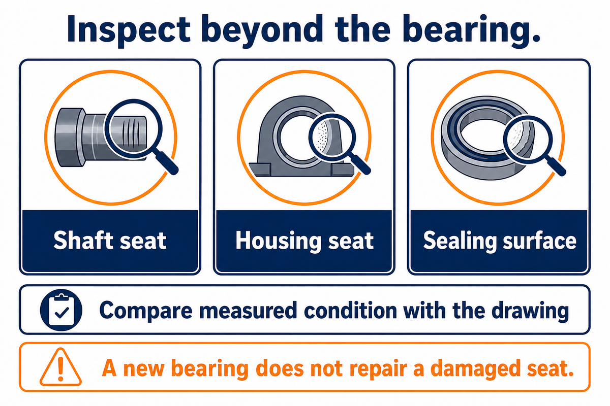 Inspect seats and sealing surfaces against the drawing before fitting a new bearing; Timken and Sulzer synthesis.
