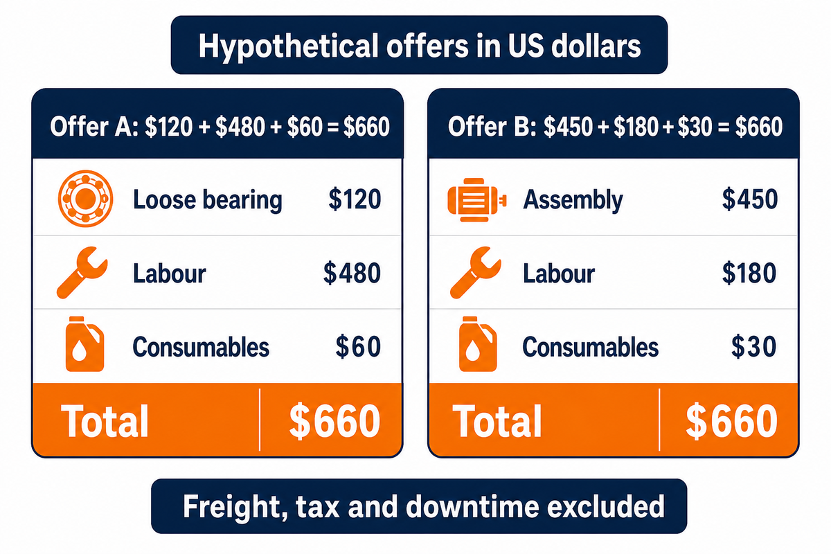 Both hypothetical repair offers total $660, yet their scopes differ; illustrative arithmetic, not market prices.