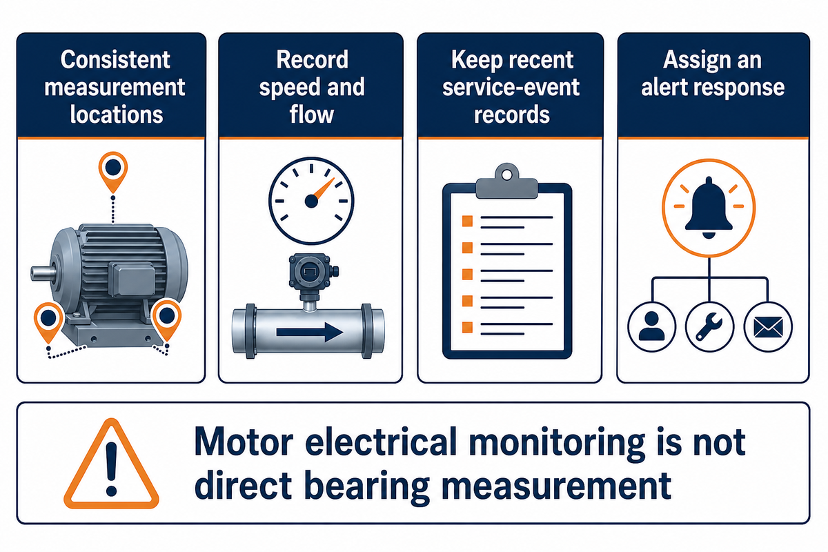 Monitoring needs consistent locations, operating context and an assigned response; DOE and Schaeffler source synthesis.