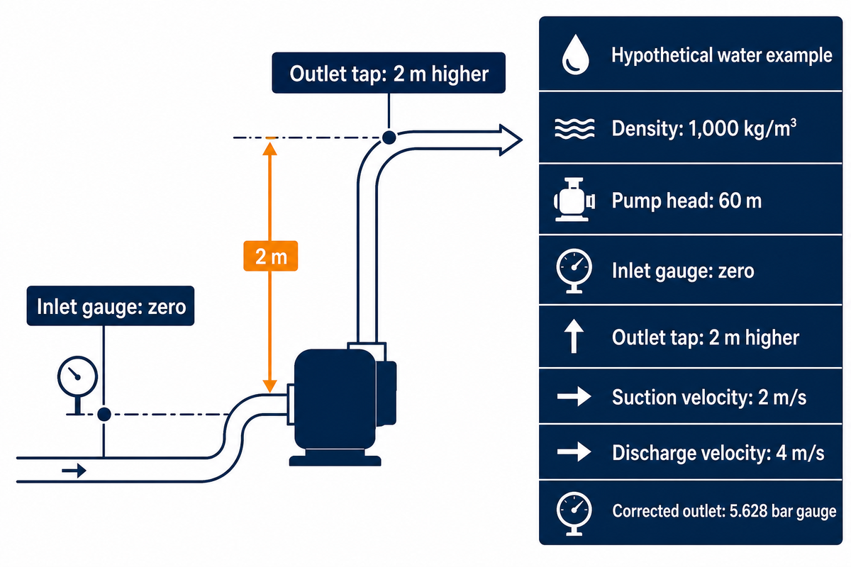 For the stated water example, tap elevation and velocity corrections reduce the predicted outlet to 5.628 bar gauge.