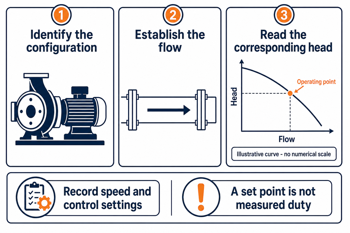 Use matching pump configuration and actual flow before reading head; a control set point alone does not prove duty.