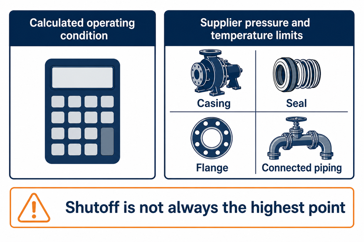 Check casing, seal, flange and piping limits separately; shutoff is not necessarily the highest head on every curve.
