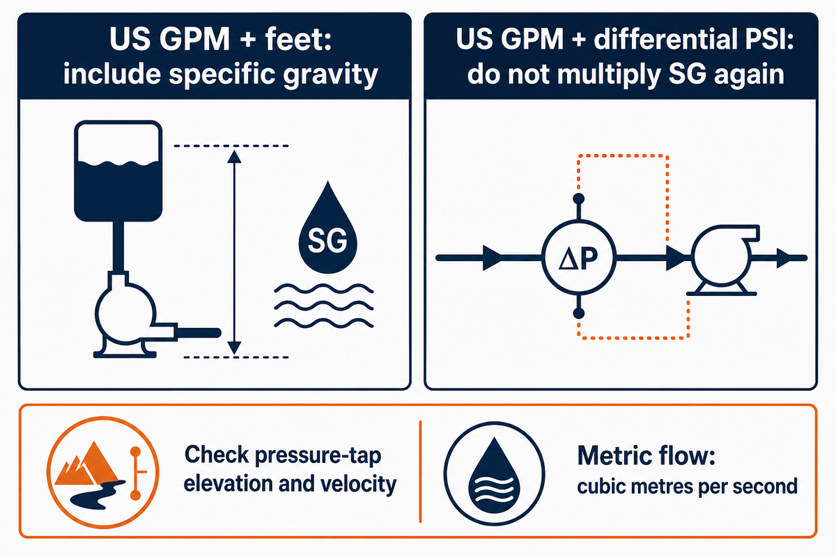 Head and pressure formulas use different density handling; correct pressure-tap boundaries. HI and UNL.
