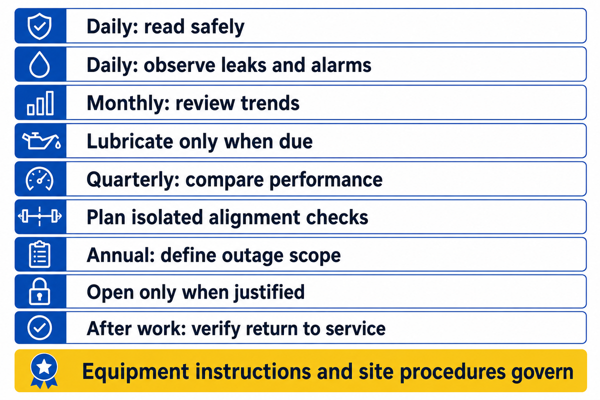 Tasks need records and owners; conditional guidance based on Hydraulic Institute and equipment instructions.