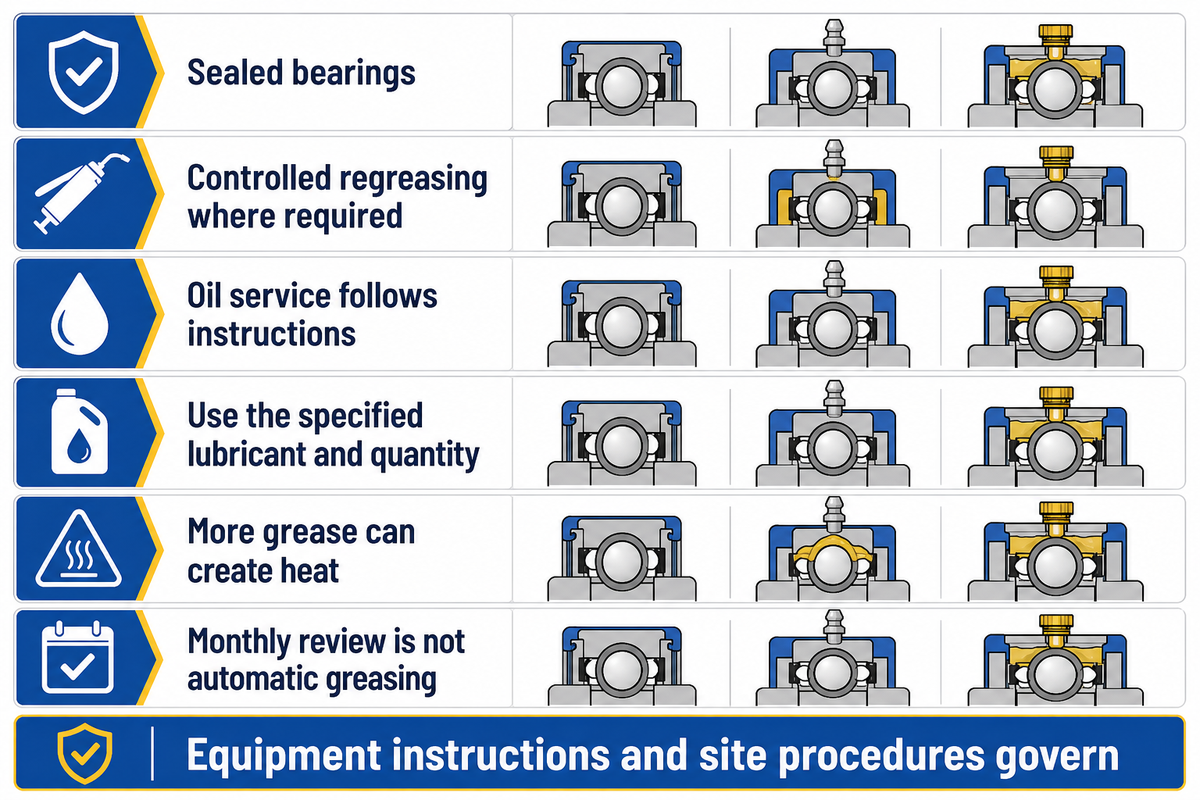 Bearing arrangement controls lubrication; conditional guidance based on Hydraulic Institute and equipment instructions.