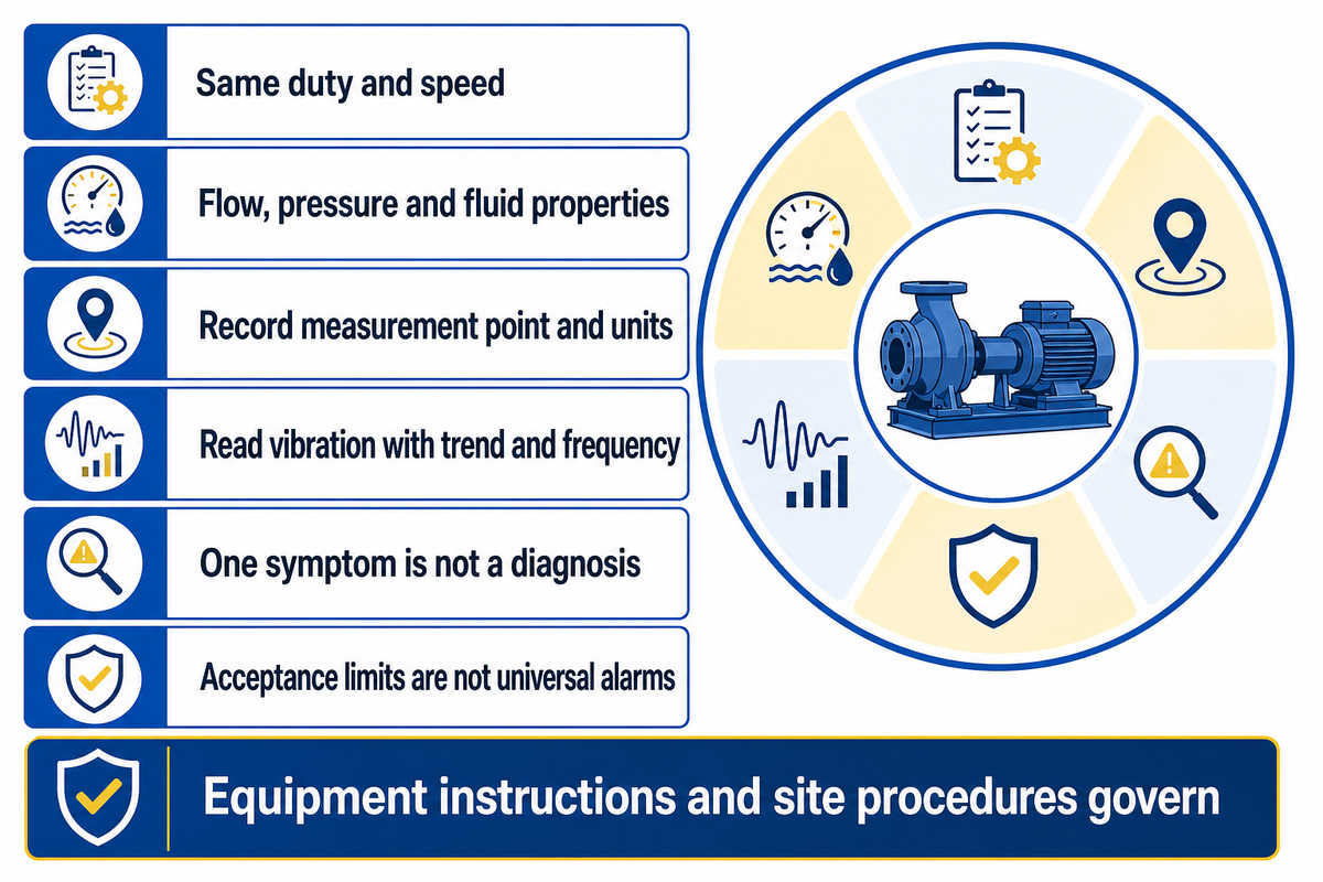 Compare conditions before diagnosing a fault; conditional guidance based on Hydraulic Institute and equipment instructions.