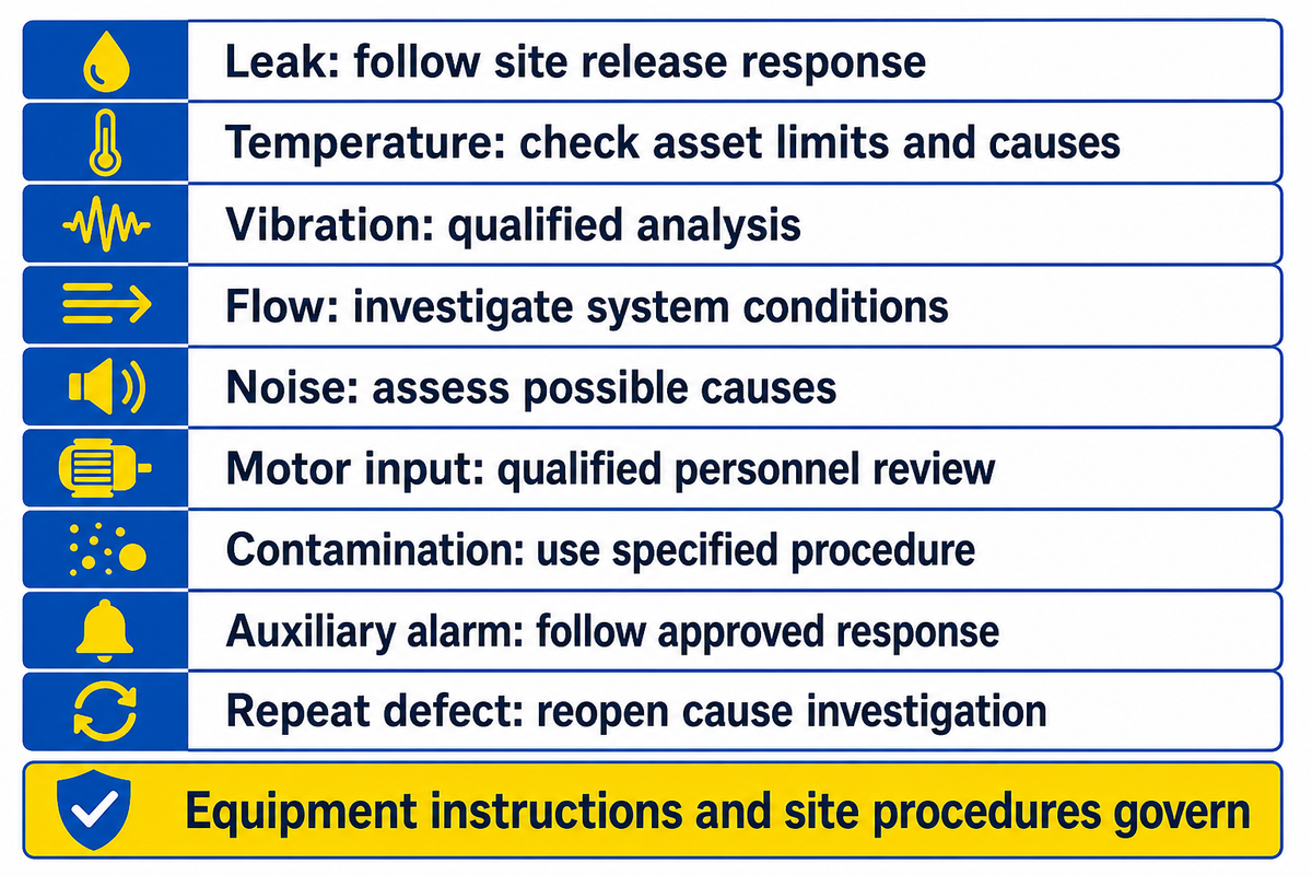 Record the symptom and assign investigation; conditional guidance based on Hydraulic Institute and equipment instructions.