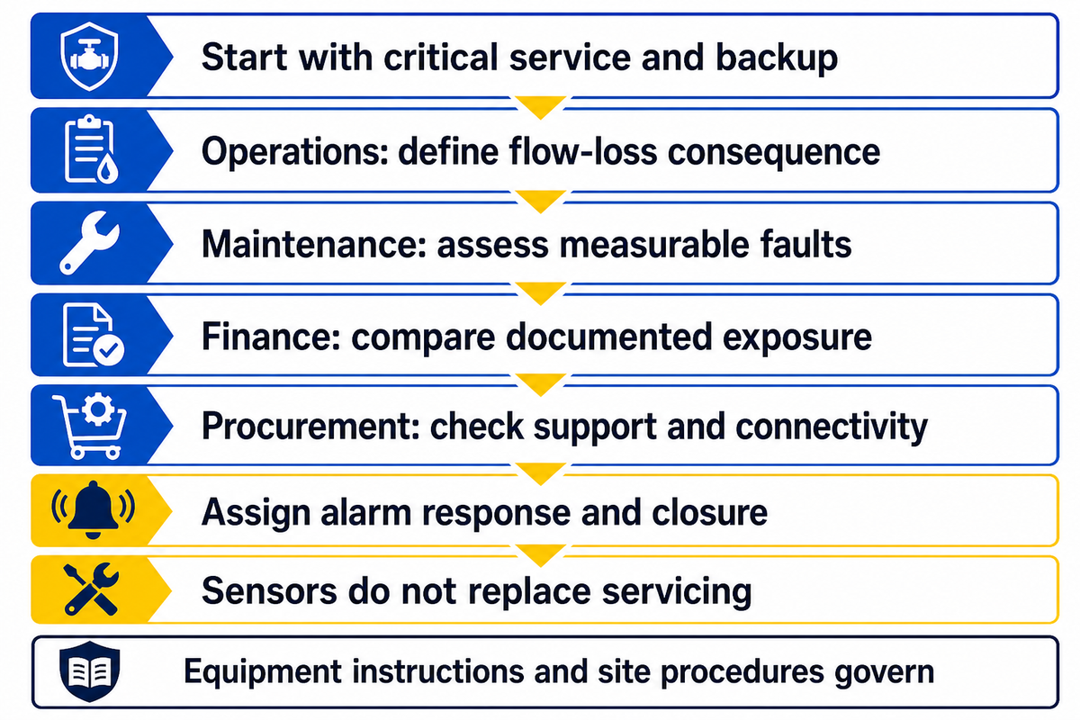 Monitoring requires a response owner; conditional guidance based on Hydraulic Institute and equipment instructions.