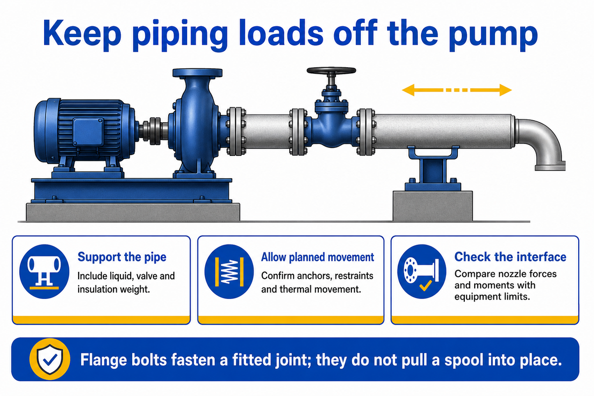 Supports carry piping loads; nozzle forces and moments need equipment limits; Hydraulic Institute.