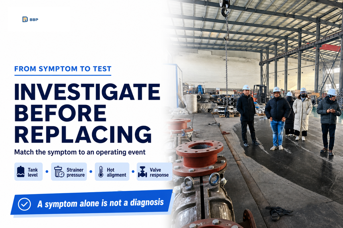 Operating events determine the next diagnostic measurement; symptoms alone do not establish a piping fault.