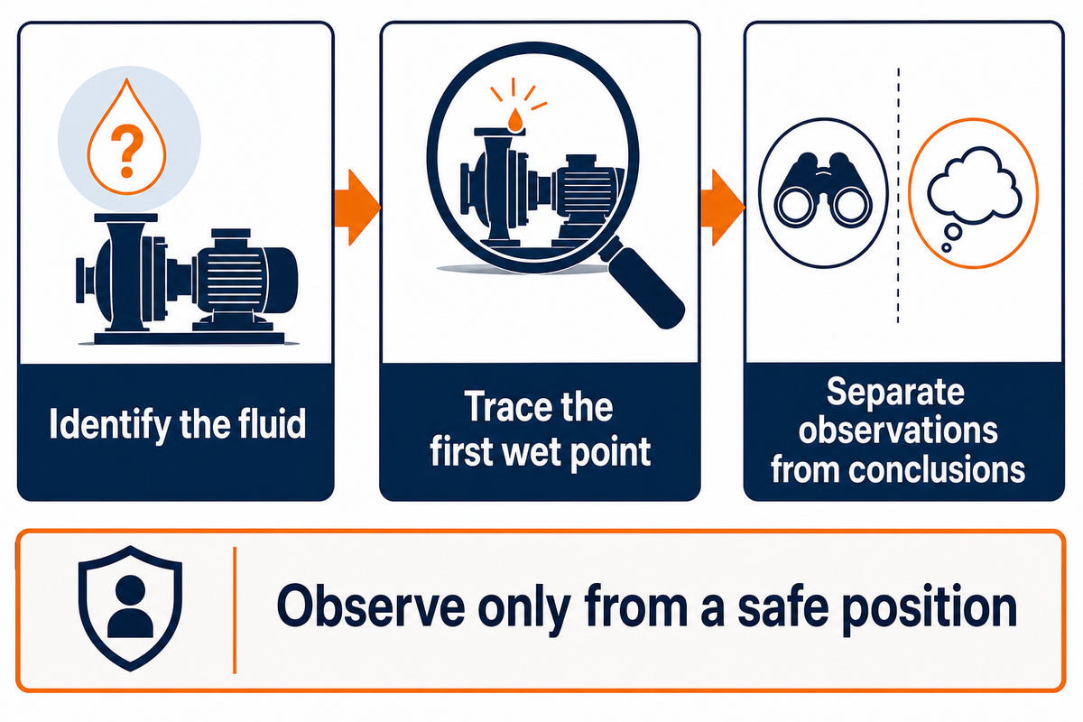 Identify fluid, trace its first wet point and avoid treating appearance as a diagnosis.
