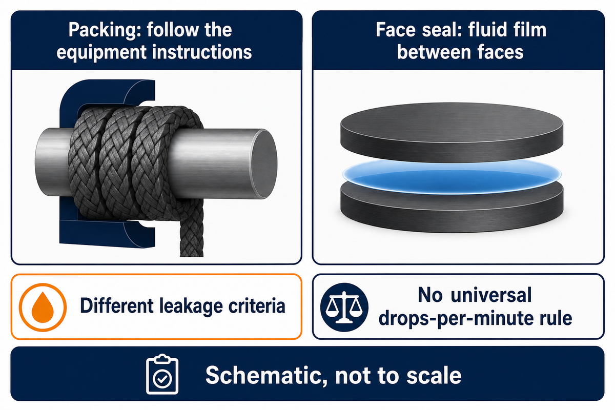 Packing and mechanical face seals have different lubrication and leakage requirements; schematic not to scale.